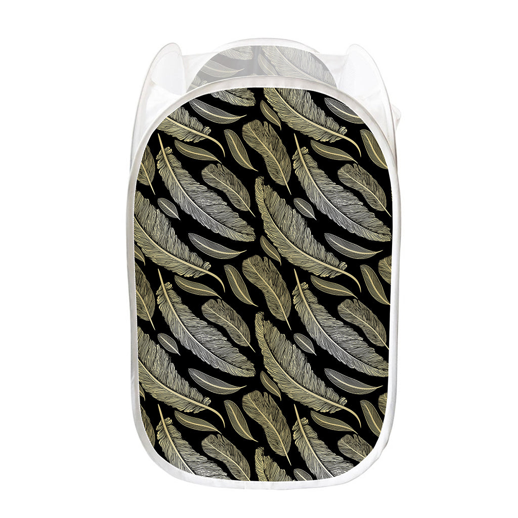 Gold And Black Feather Pattern Print Mesh Laundry Hamper