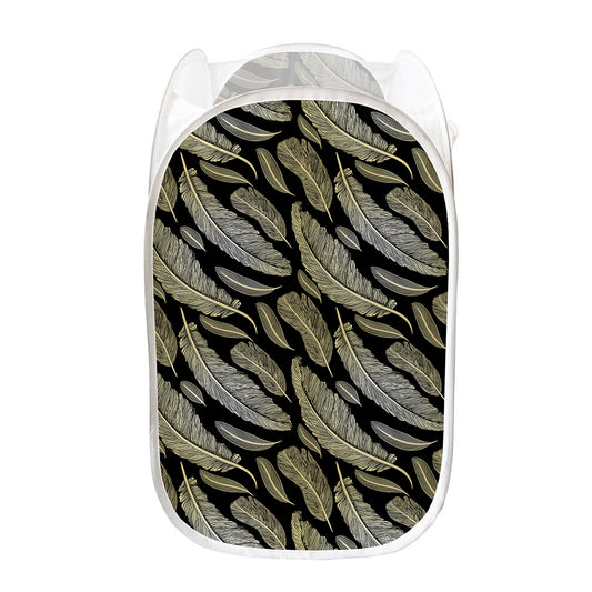 Gold And Black Feather Pattern Print Mesh Laundry Hamper