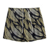 Gold And Black Feather Pattern Print Mesh Shorts