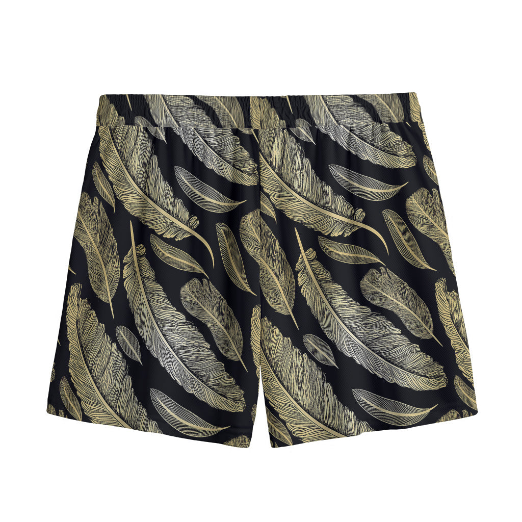 Gold And Black Feather Pattern Print Mesh Shorts