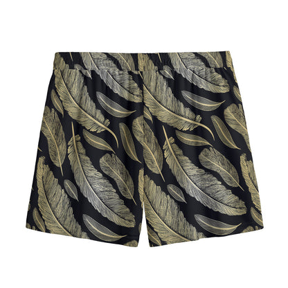 Gold And Black Feather Pattern Print Mesh Shorts