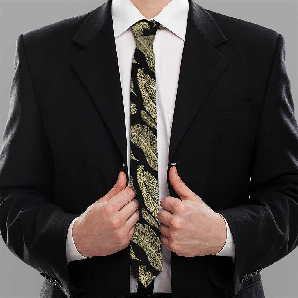 Gold And Black Feather Pattern Print Necktie