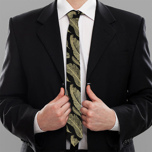 Gold And Black Feather Pattern Print Necktie