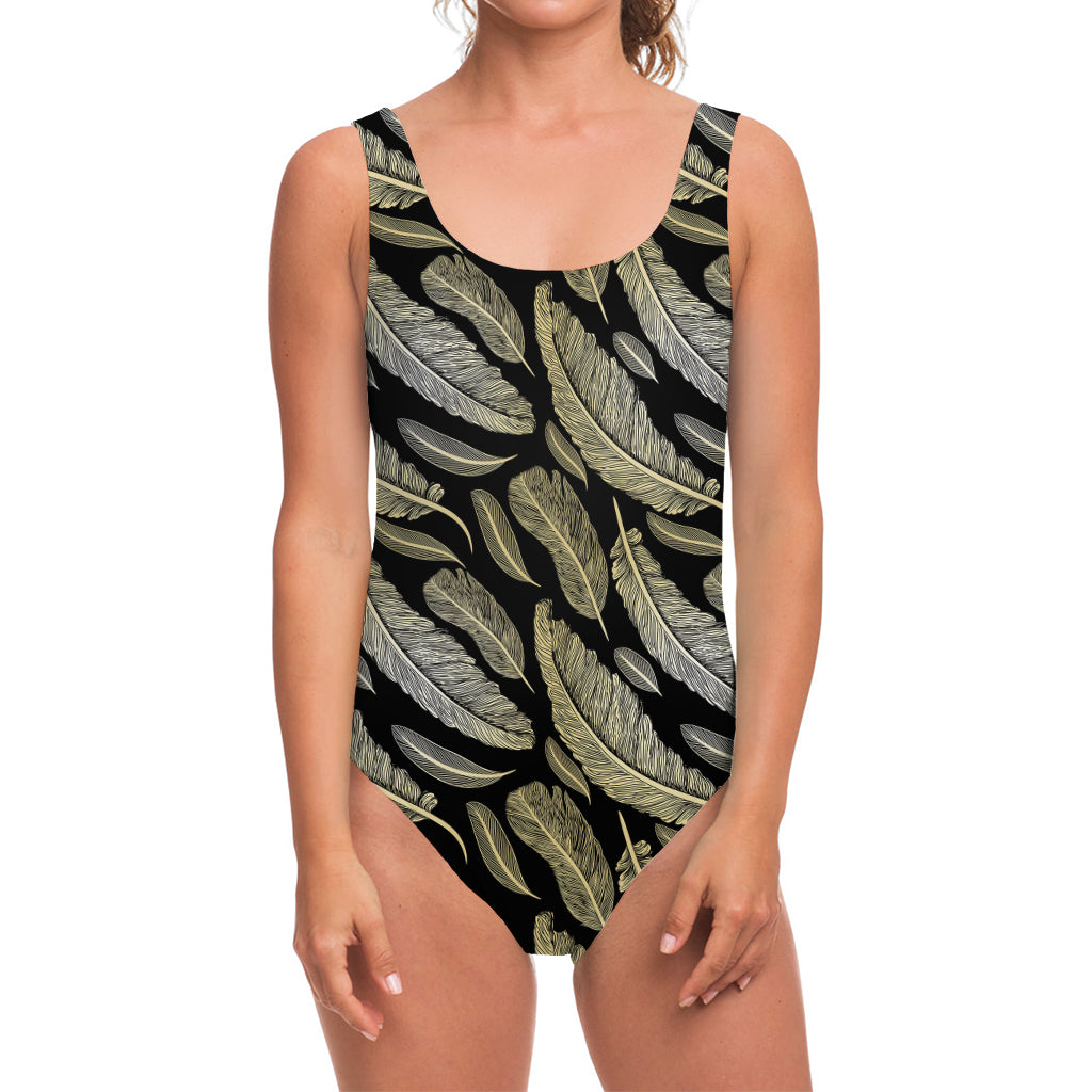 Gold And Black Feather Pattern Print One Piece Swimsuit