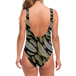 Gold And Black Feather Pattern Print One Piece Swimsuit
