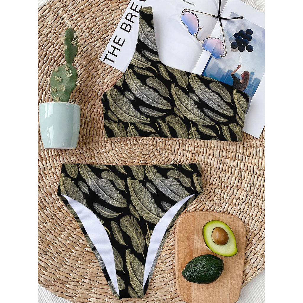 Gold And Black Feather Pattern Print One Shoulder Bikini Top