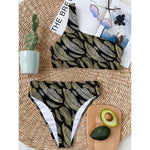 Gold And Black Feather Pattern Print One Shoulder Bikini Top