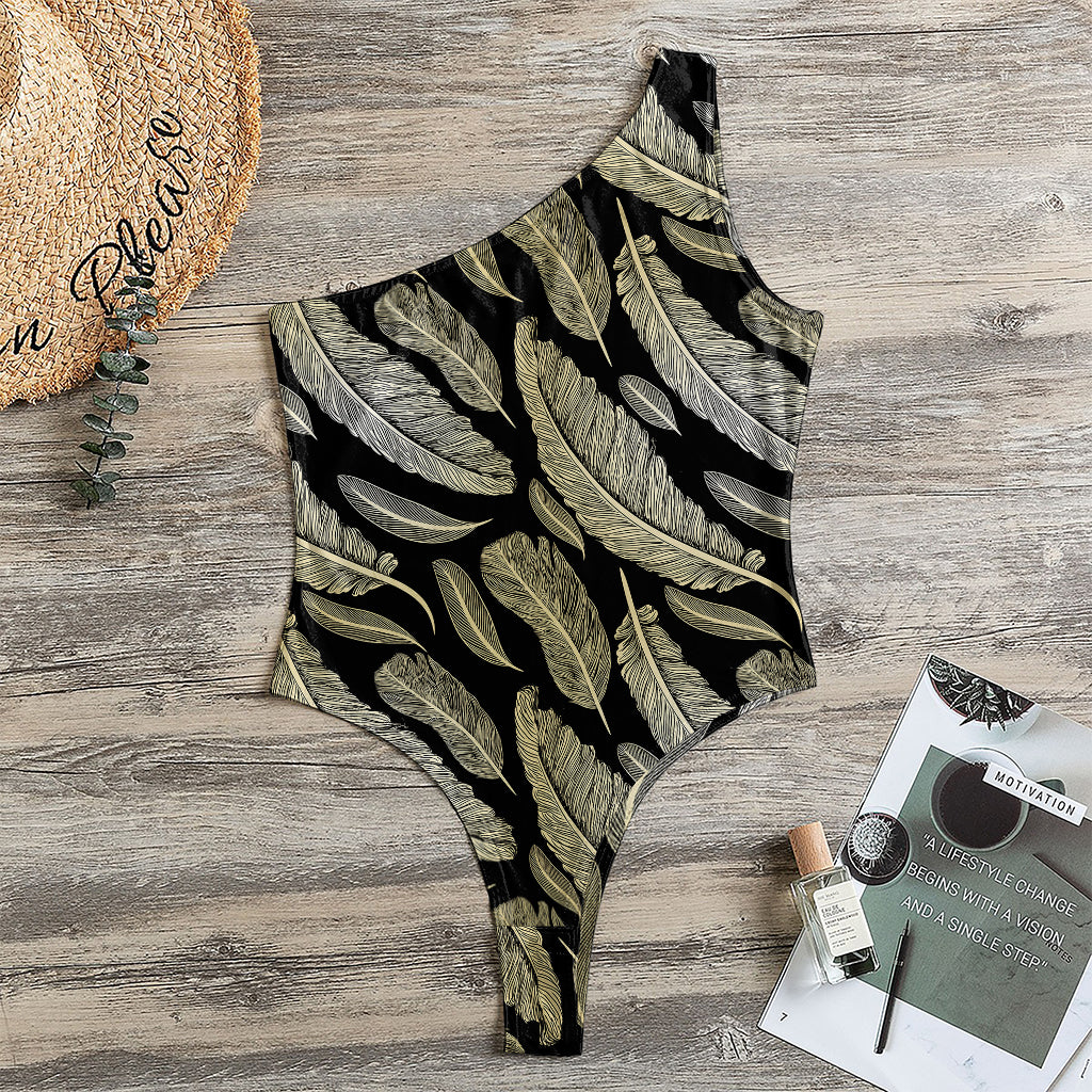 Gold And Black Feather Pattern Print One Shoulder Bodysuit