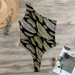 Gold And Black Feather Pattern Print One Shoulder Bodysuit