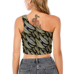 Gold And Black Feather Pattern Print One Shoulder Crop Top