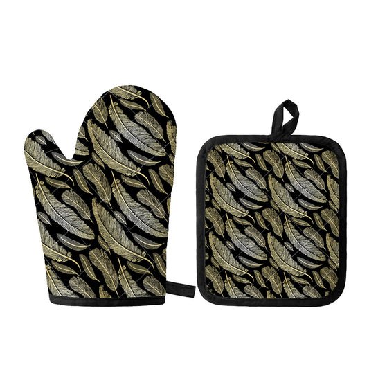 Gold And Black Feather Pattern Print Oven Mitt And Pot Holder Set