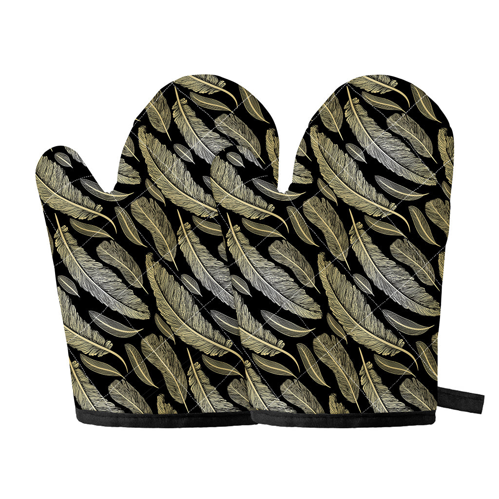 Gold And Black Feather Pattern Print Oven Mitts