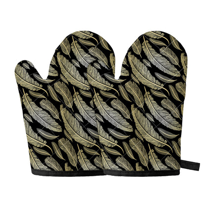 Gold And Black Feather Pattern Print Oven Mitts