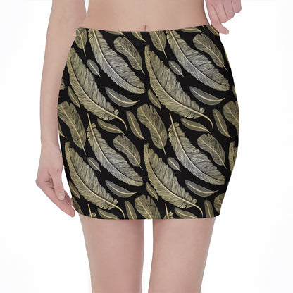 Gold And Black Feather Pattern Print Pencil Mini Skirt
