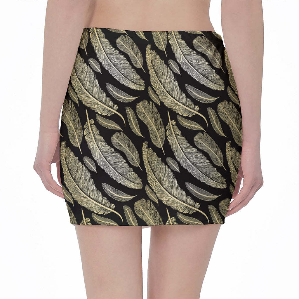 Gold And Black Feather Pattern Print Pencil Mini Skirt