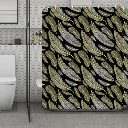 Gold And Black Feather Pattern Print Polyester Shower Curtain
