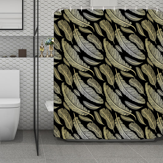Gold And Black Feather Pattern Print Polyester Shower Curtain