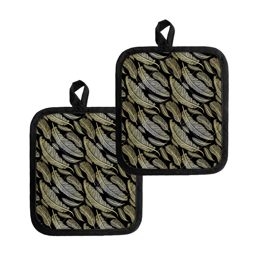Gold And Black Feather Pattern Print Pot Holders