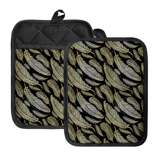 Gold And Black Feather Pattern Print Pot Holders With Pocket