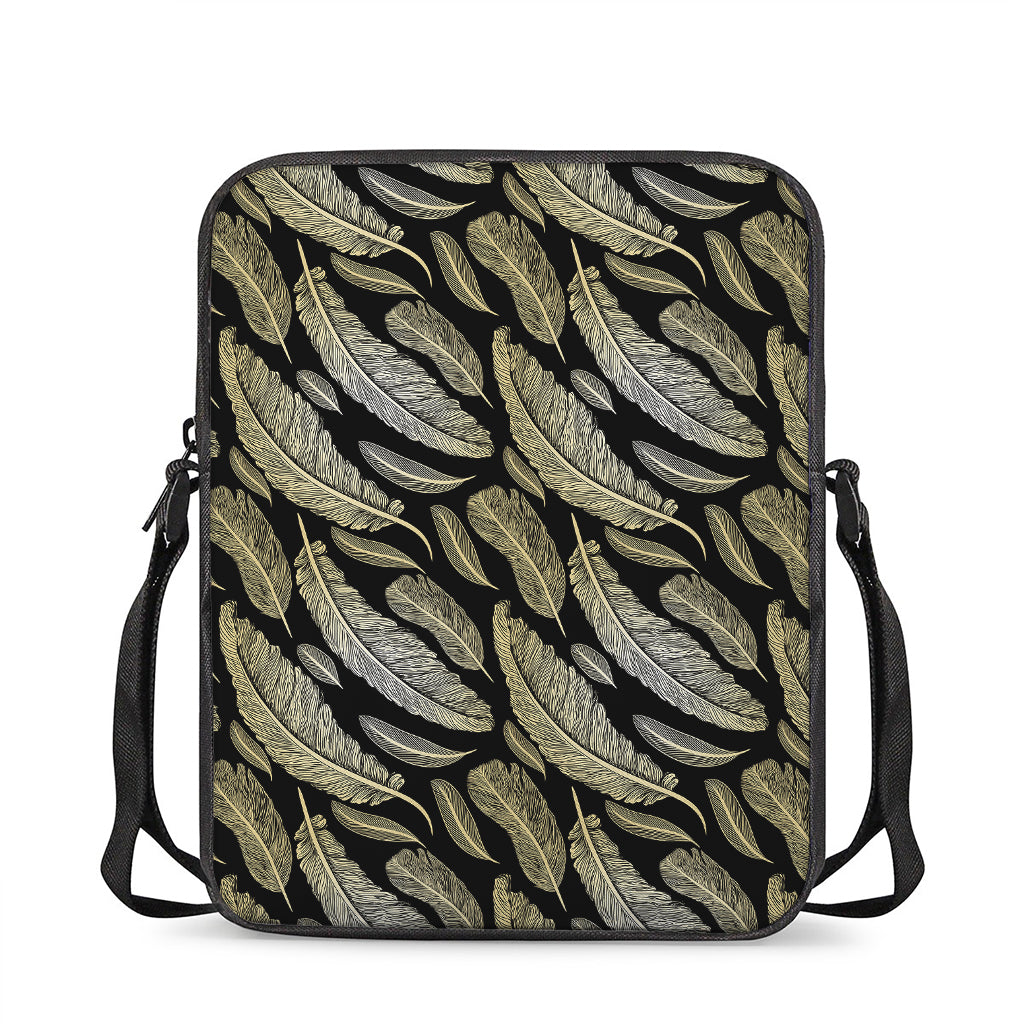 Gold And Black Feather Pattern Print Rectangular Crossbody Bag