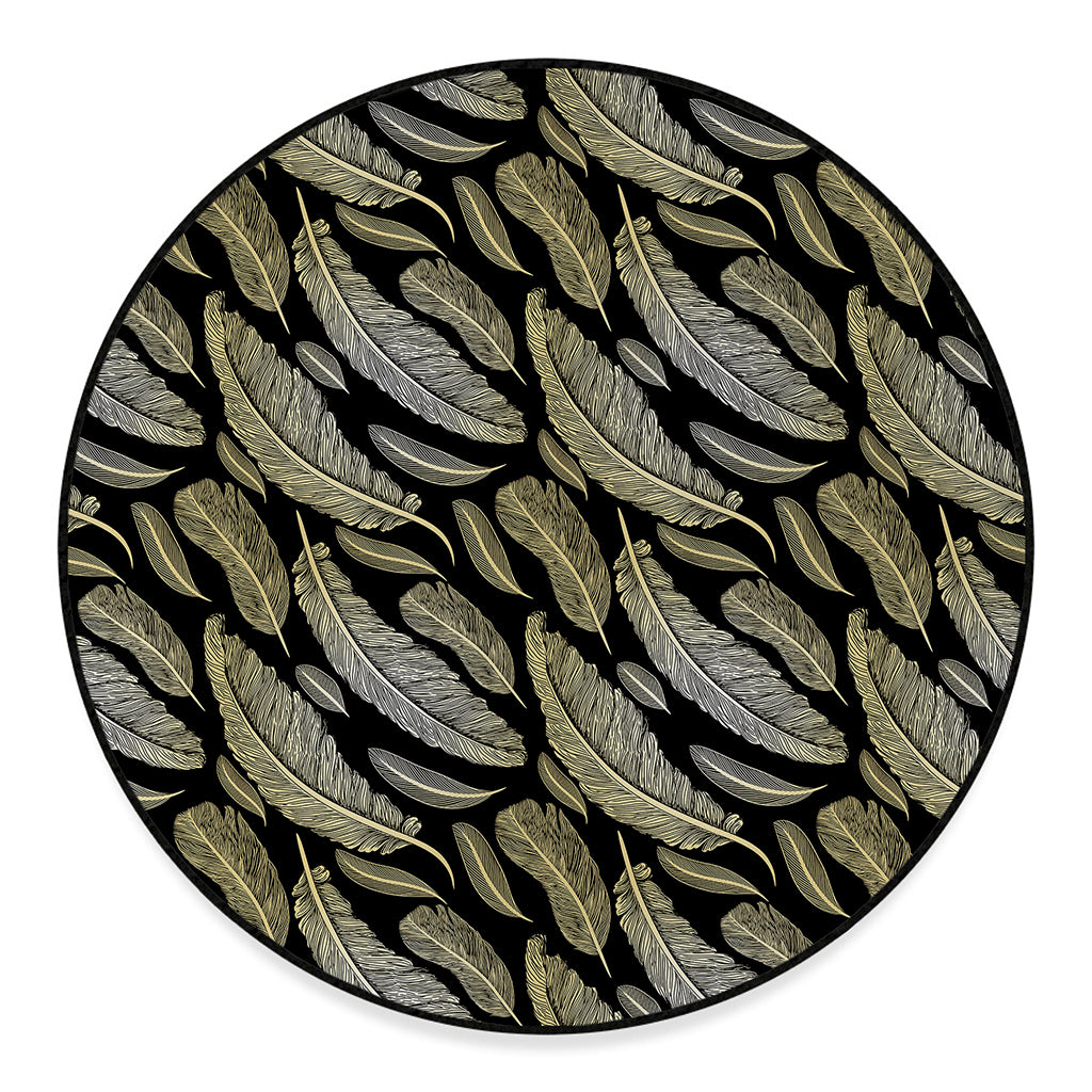 Gold And Black Feather Pattern Print Round Floor Mat