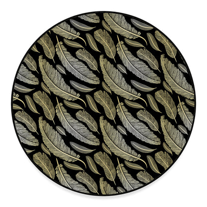 Gold And Black Feather Pattern Print Round Floor Mat