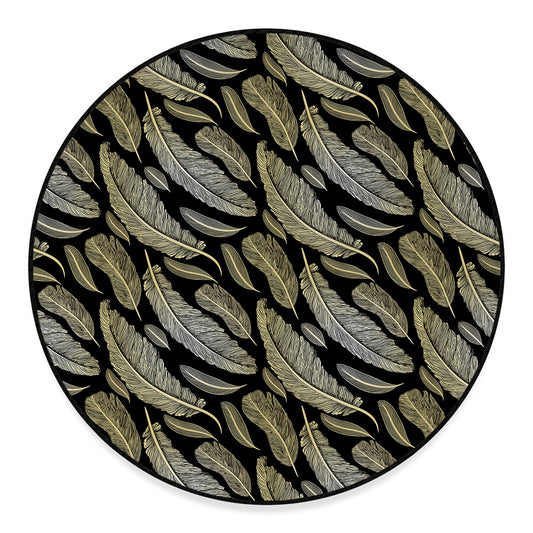 Gold And Black Feather Pattern Print Round Floor Mat