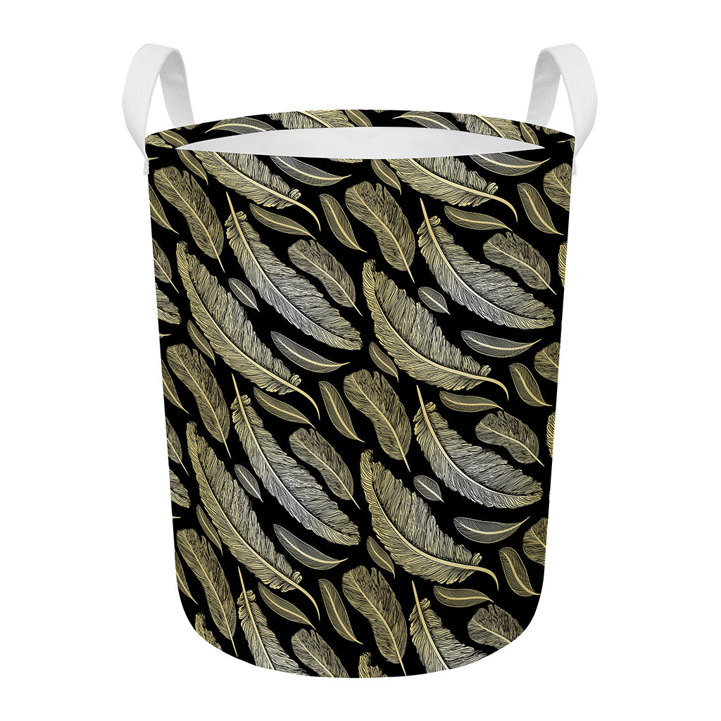 Gold And Black Feather Pattern Print Round Laundry Basket
