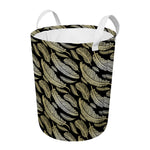 Gold And Black Feather Pattern Print Round Laundry Basket