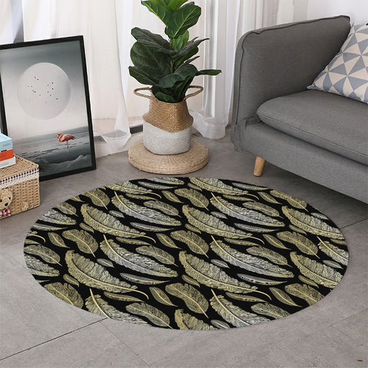 Gold And Black Feather Pattern Print Round Rug
