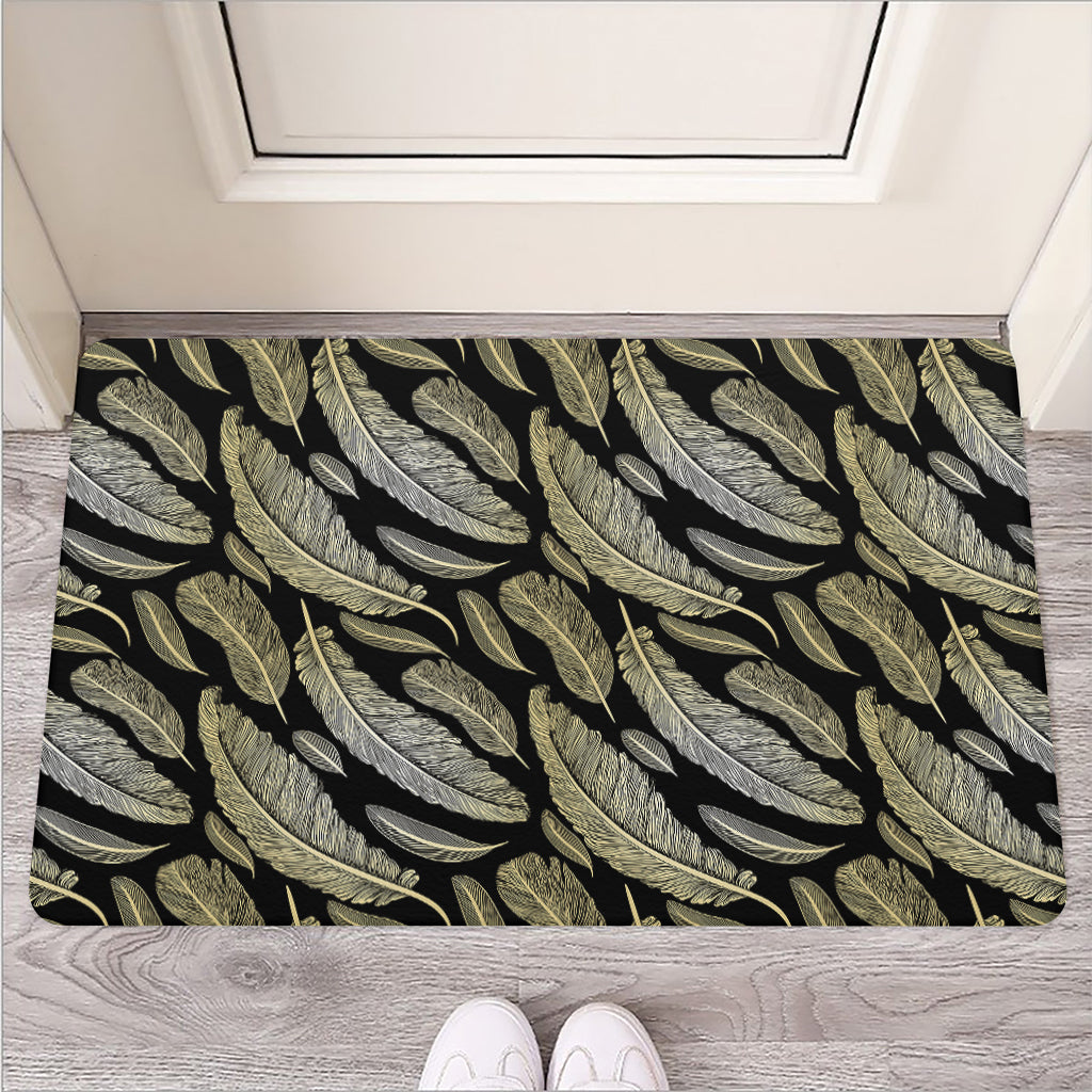 Gold And Black Feather Pattern Print Rubber Doormat