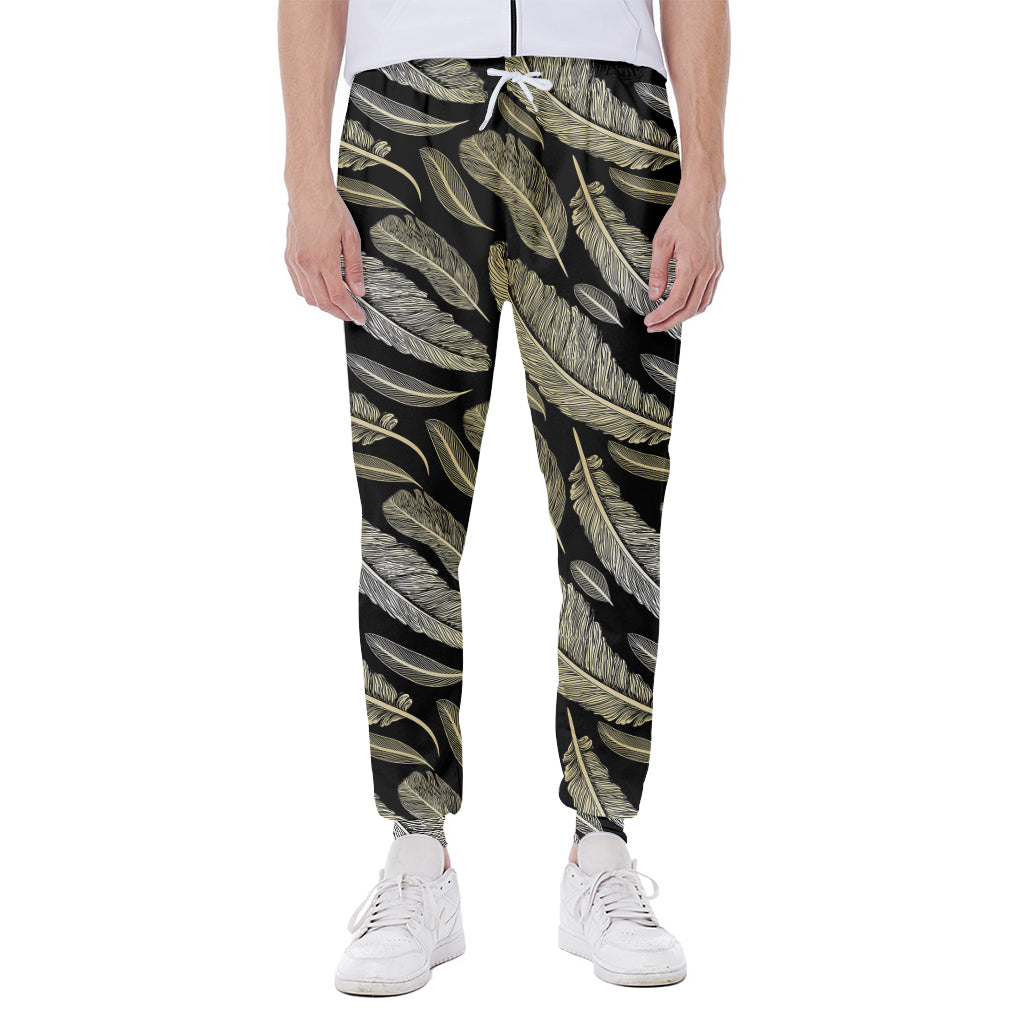 Gold And Black Feather Pattern Print Scuba Joggers