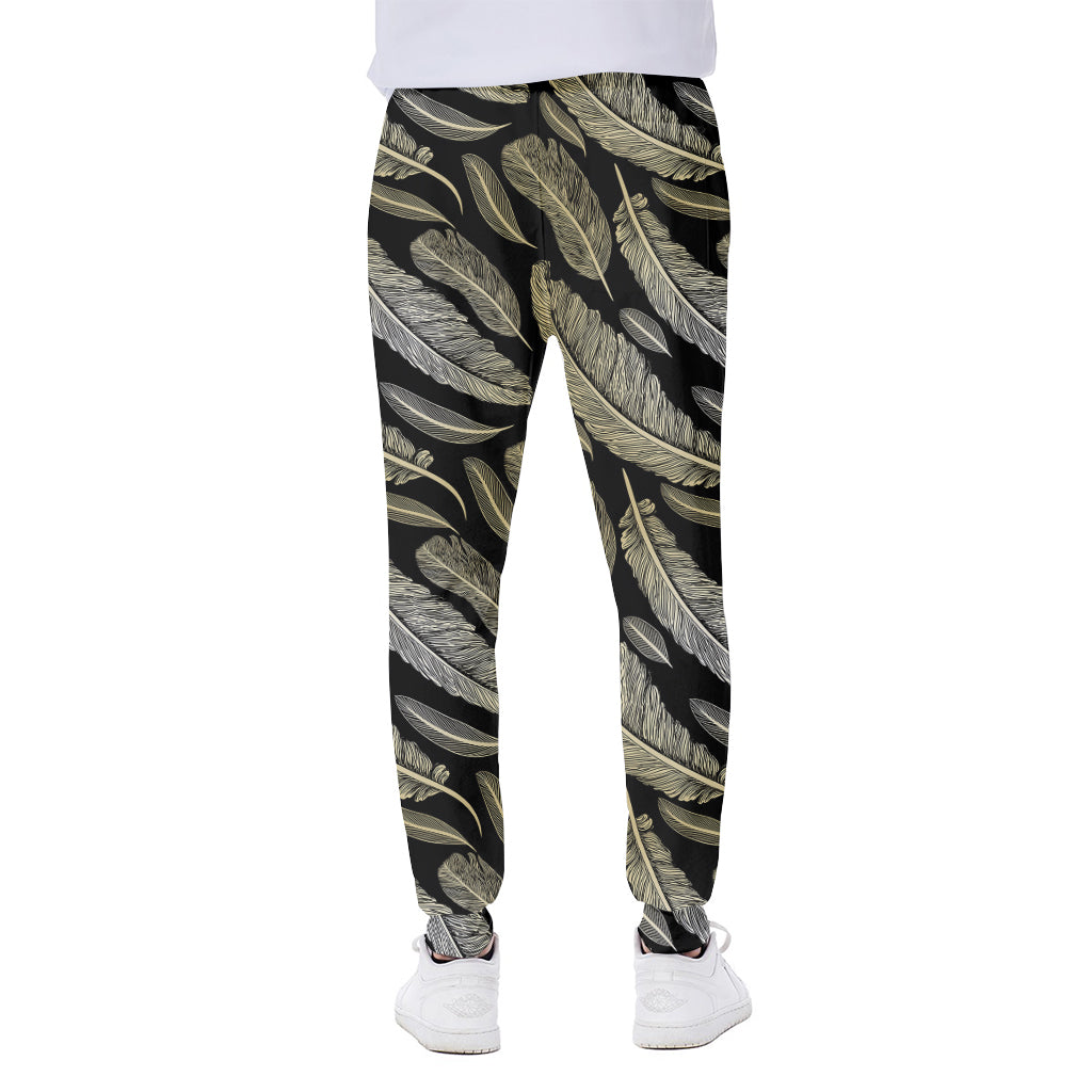 Gold And Black Feather Pattern Print Scuba Joggers