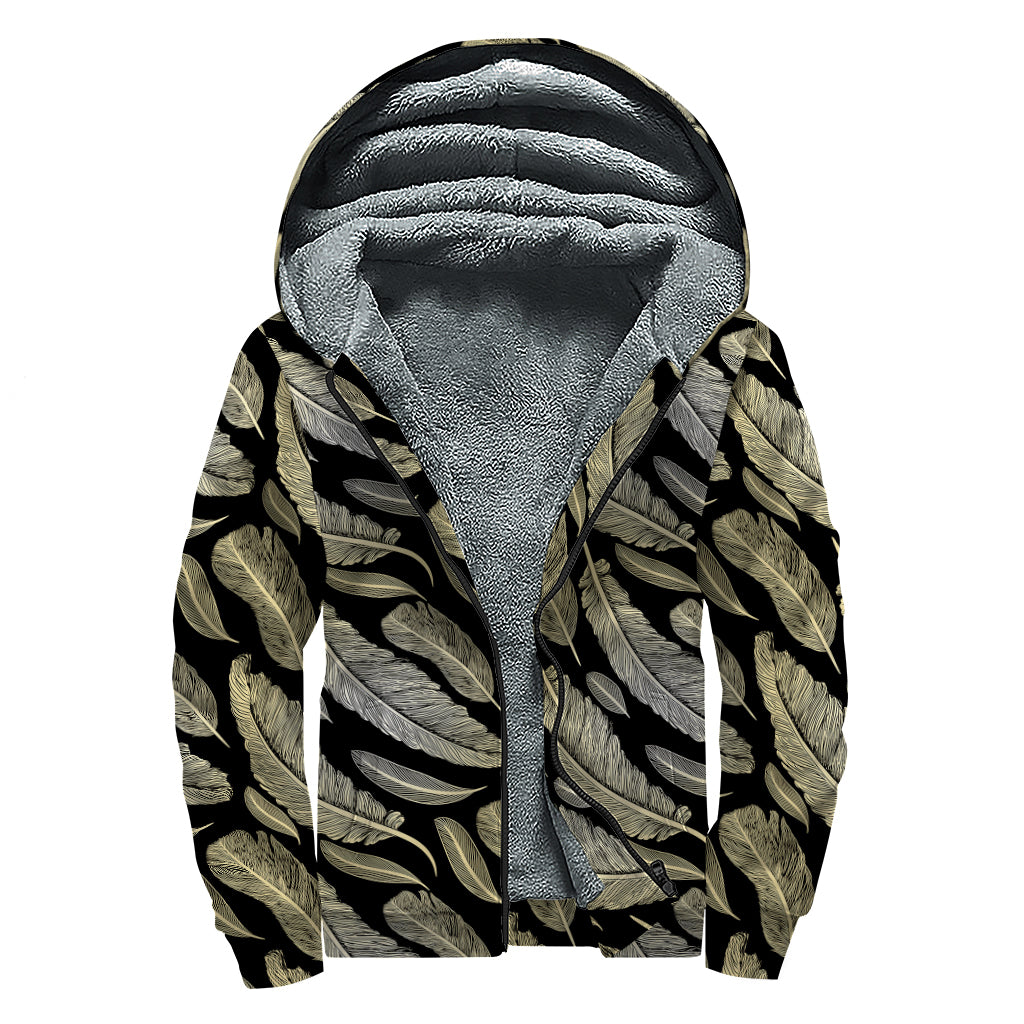 Gold And Black Feather Pattern Print Sherpa Lined Zip Up Hoodie