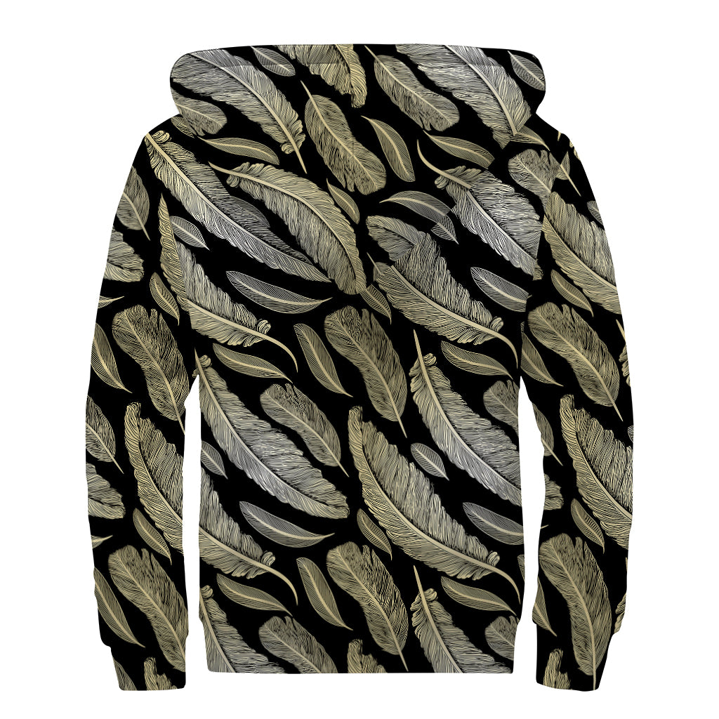 Gold And Black Feather Pattern Print Sherpa Lined Zip Up Hoodie
