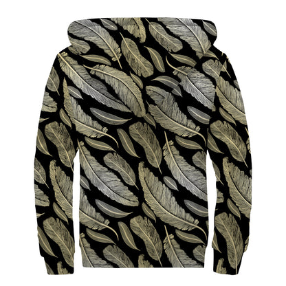 Gold And Black Feather Pattern Print Sherpa Lined Zip Up Hoodie