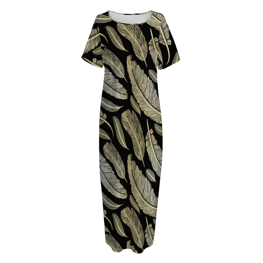 Gold And Black Feather Pattern Print Short Sleeve Long Nightdress