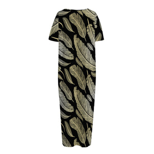 Gold And Black Feather Pattern Print Short Sleeve Long Nightdress