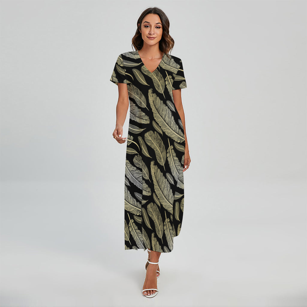 Gold And Black Feather Pattern Print Short Sleeve Maxi Dress