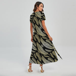 Gold And Black Feather Pattern Print Short Sleeve Maxi Dress