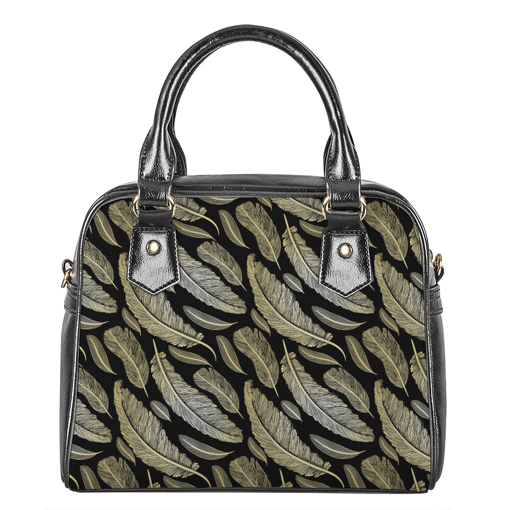 Gold And Black Feather Pattern Print Shoulder Handbag