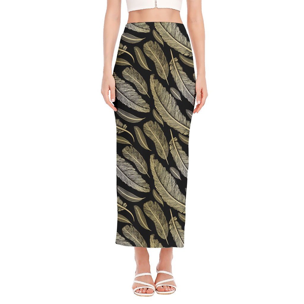 Gold And Black Feather Pattern Print Side Slit Maxi Skirt