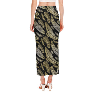 Gold And Black Feather Pattern Print Side Slit Maxi Skirt