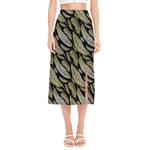 Gold And Black Feather Pattern Print Side Slit Midi Skirt