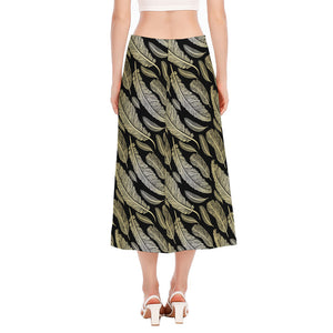 Gold And Black Feather Pattern Print Side Slit Midi Skirt