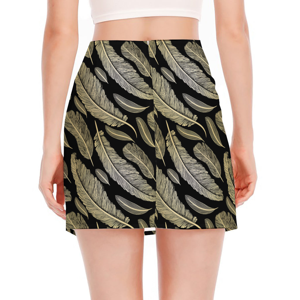 Gold And Black Feather Pattern Print Side Slit Mini Skirt