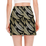 Gold And Black Feather Pattern Print Side Slit Mini Skirt