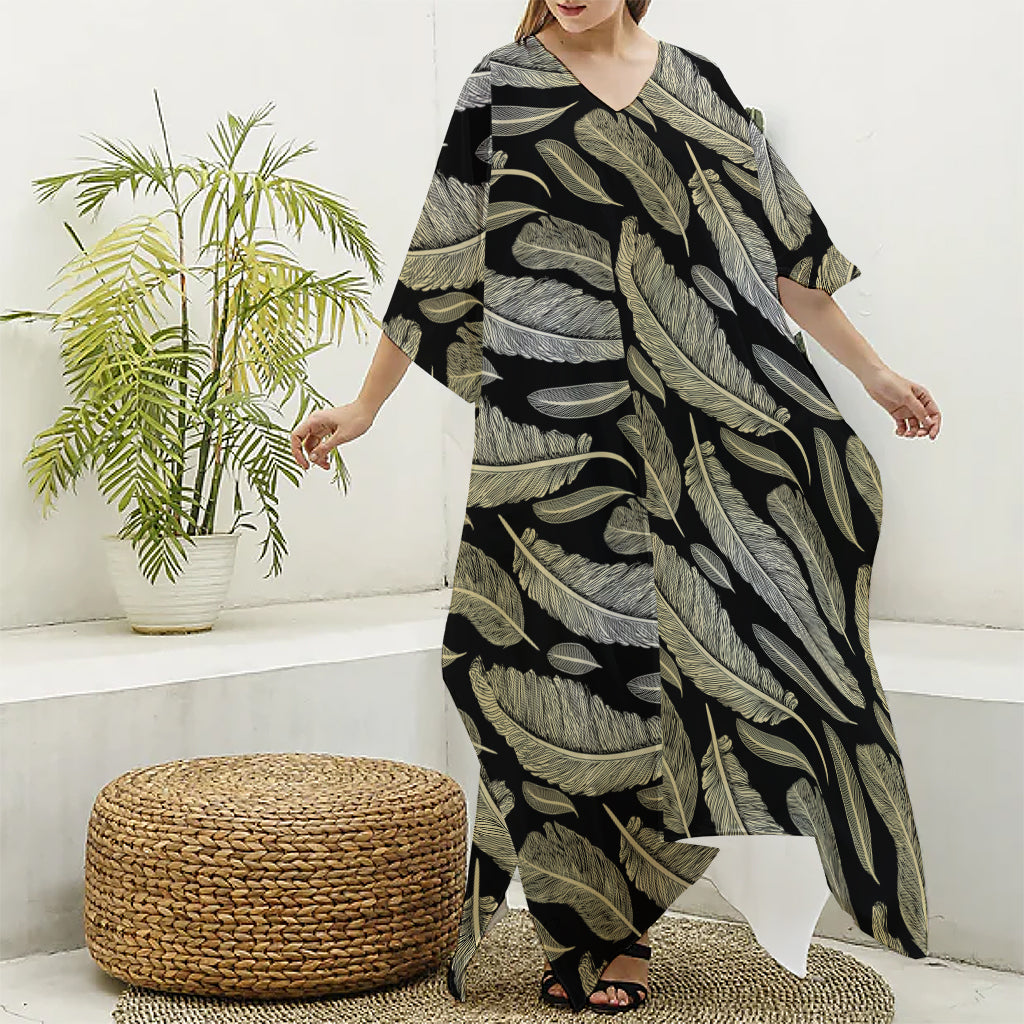 Gold And Black Feather Pattern Print Silk V-Neck Kaftan Dress