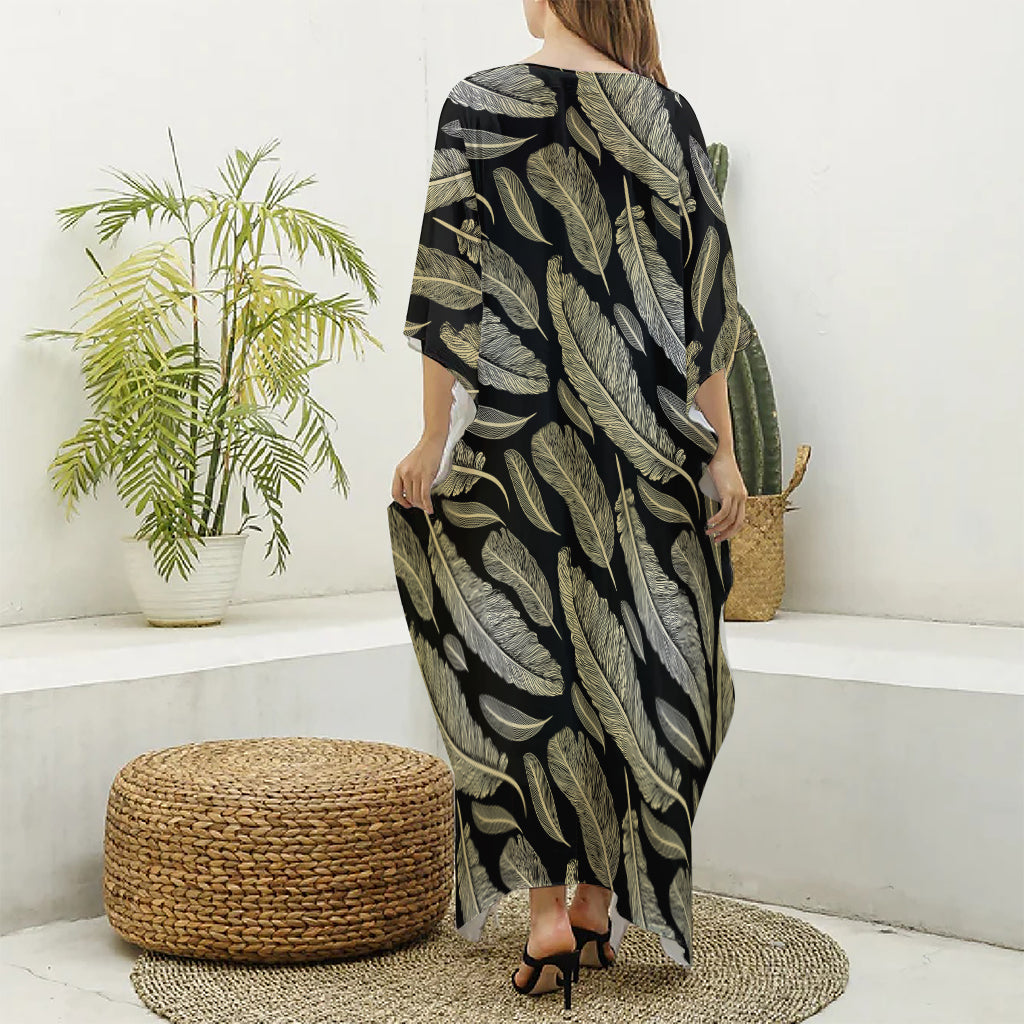 Gold And Black Feather Pattern Print Silk V-Neck Kaftan Dress