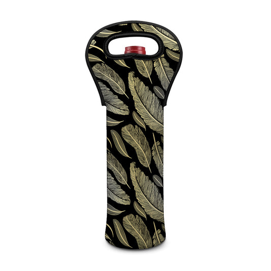 Gold And Black Feather Pattern Print Single Neoprene Wine Tote